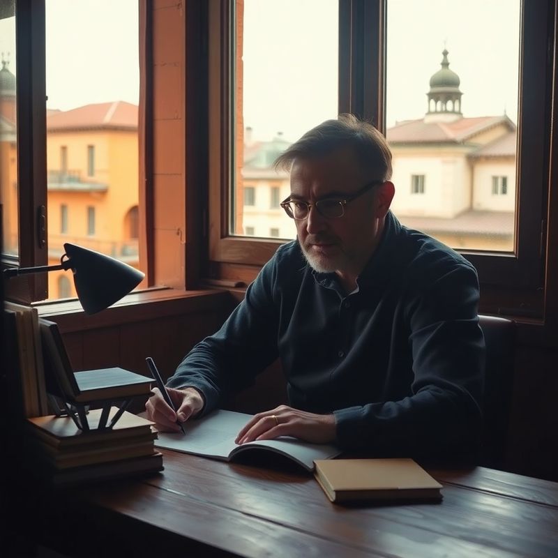 Scriitor român lucrând la un birou de lemn lângă fereastră