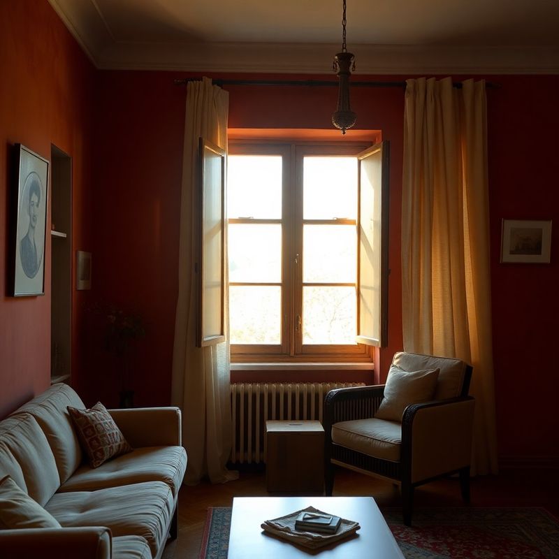Interior românesc cu pereți teracotă și lumină de după-amiază