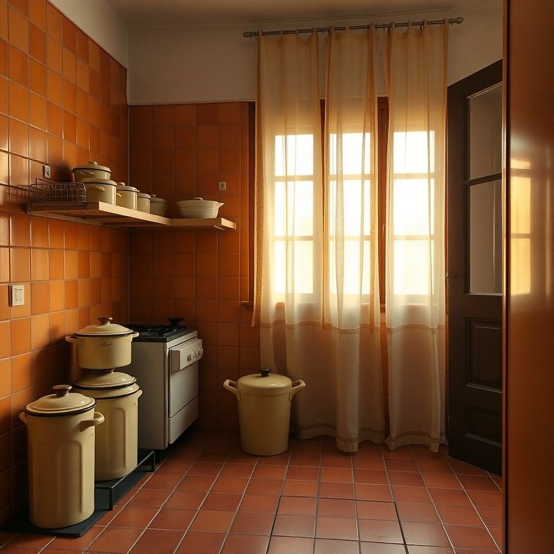 Colț de bucătărie românească cu plăci teracotă și lumină caldă
